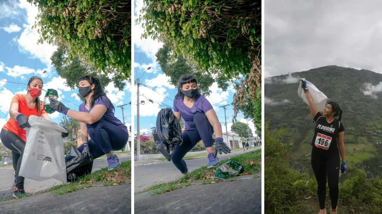 A medida que van corriendo, los voluntarios de Plogging Colombia recogen residuos y los separan en bolsas negras o blancas, según sus características. Foto: Cortesía A medida que van corriendo, los voluntarios de Plogging Colombia recogen residuos y los separan en bolsas negras o blancas, según sus características.
