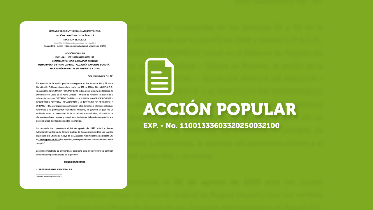 Auto Admisorio de la Acción Popular 2025-00321, conforme lo ordenado por el Juzgado Treinta y Tres (33) Administrativo del Circuito Judicial de Bogotá-Sección Tercera